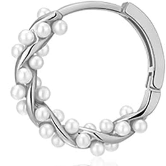 Silver Pearl Twist Vines Hoops Pretty Wedding Little Hoop Earrings Pearls New - Picture 4 of 8